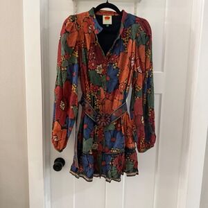 Farm Rio Black Stitched Flowers Long Sleeve Mini Dress with Beaded Belt Size M